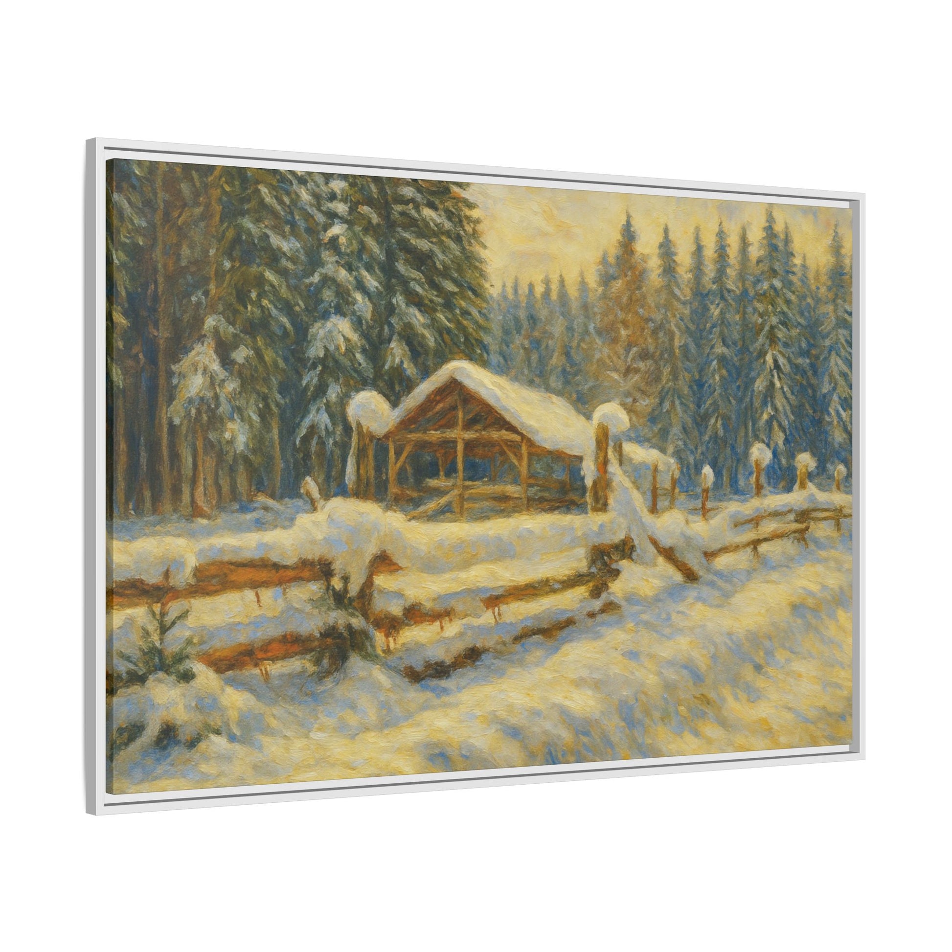 Snowy cabin winter landscape canvas wall art by Printify featuring a cozy cabin scene in a snowy setting.