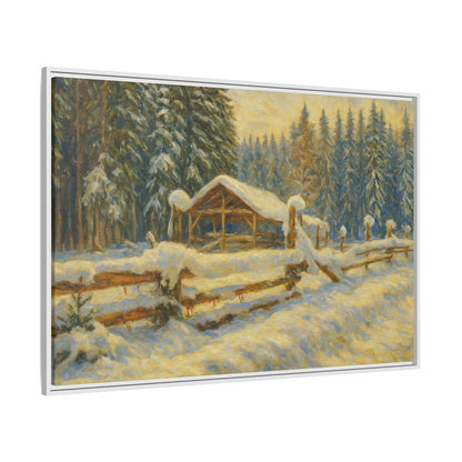 Snowy cabin winter landscape canvas wall art by Printify featuring a cozy cabin scene in a snowy setting.
