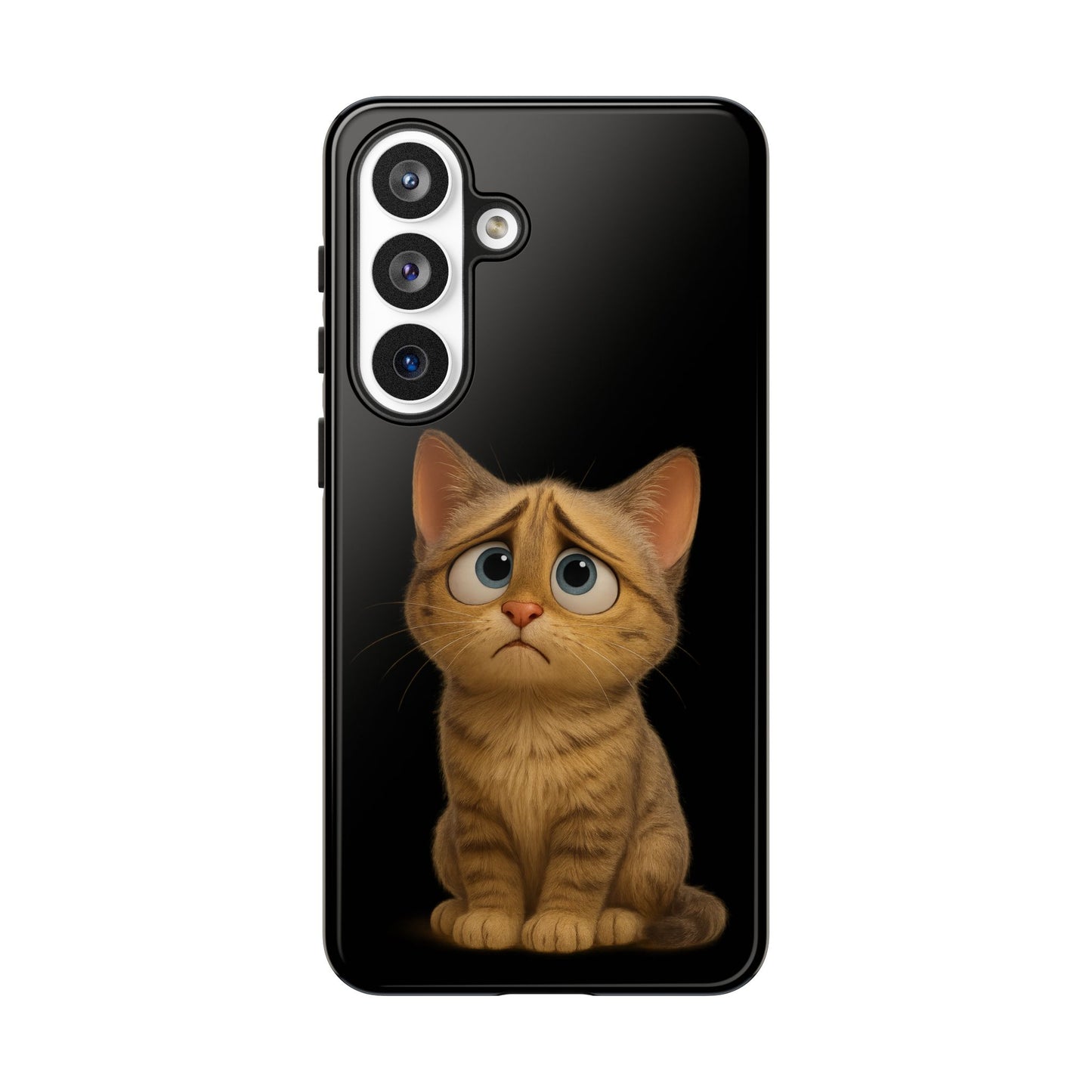 Cute sad kitty print phone case for iPhone, protective cover featuring a sad kitten design by Printify.
