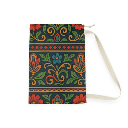 Boho floral print laundry bag with drawstring closure, featuring folk floral pattern and vibrant colors on durable fabric.