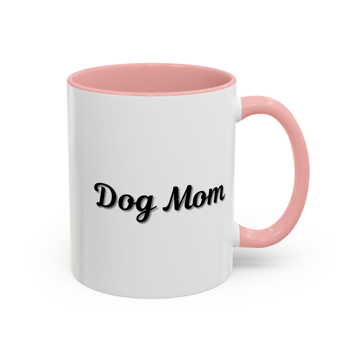 Dog Mom Accent Coffee Mug — white ceramic coffee mug with retro script "Dog Mom" print, colored interior and C-handle, 11oz/15oz, close-up of the printed design