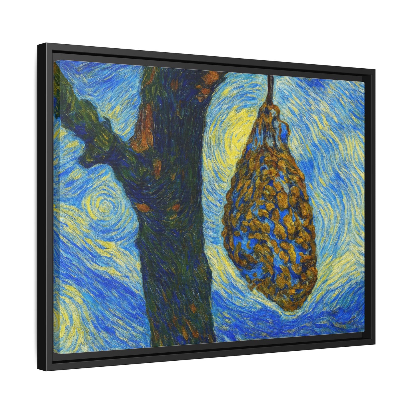 Framed matte canvas art of a starry nut cluster with dried plum in a tree, by Printify, showcasing detailed botanical imagery.