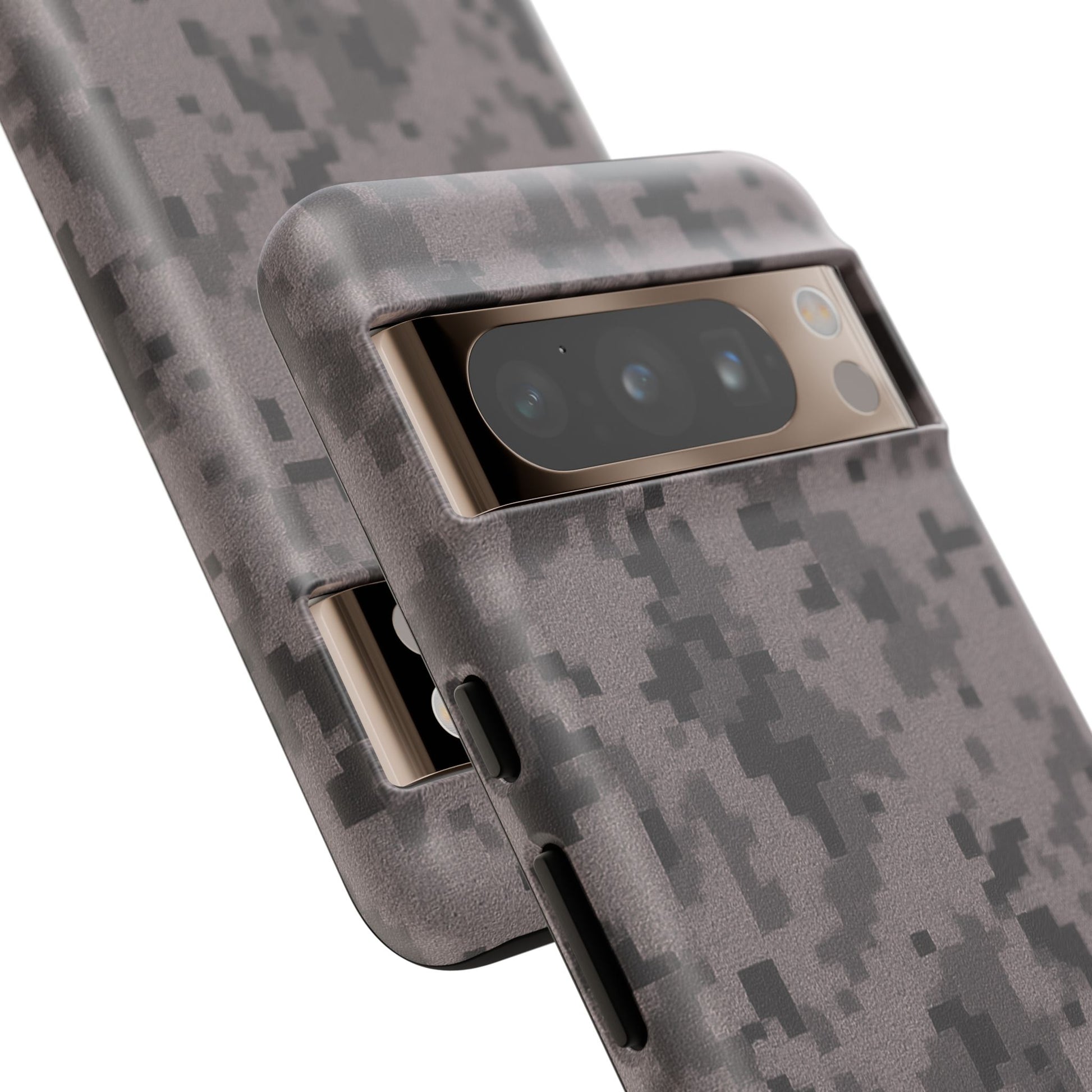 Gray digital camouflage phone case by Printify, rugged protective cover designed for smartphones with a tough, stylish camo pattern.