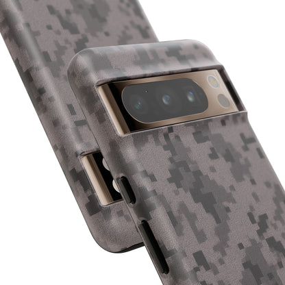 Gray digital camouflage phone case by Printify, rugged protective cover designed for smartphones with a tough, stylish camo pattern.