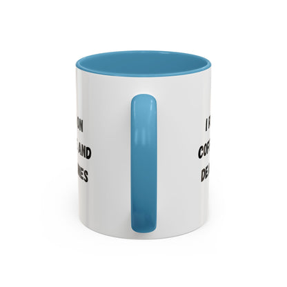 White ceramic coffee mug with "I Run on Coffee and Deadlines" print, ideal for coffee lovers and office decor.