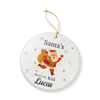 Personalized ceramic ornament featuring Santa's Favorite Kid Lucas, with festive holiday design, by Printify.