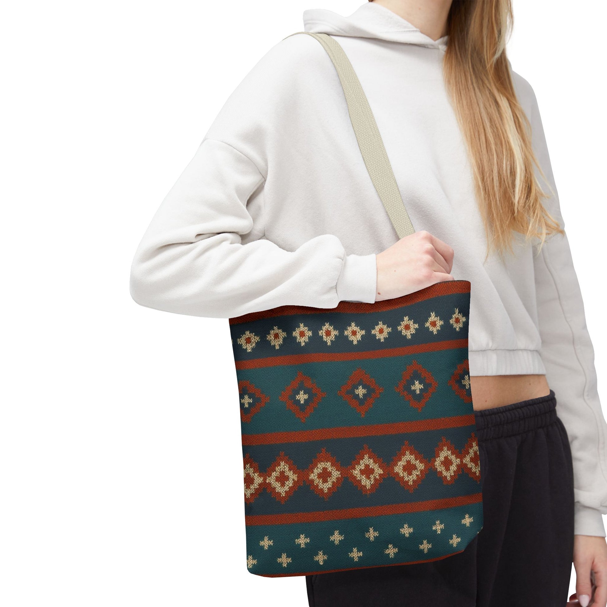 Southwestern diamond pattern tote bag with Aztec tribal geometric print, featuring sturdy handles and vibrant design.