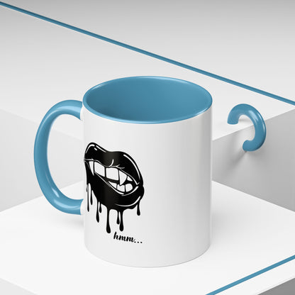 Black Dripping Lips accent coffee mug with bite graphic, available in 11oz and 15oz sizes, by Printify.
