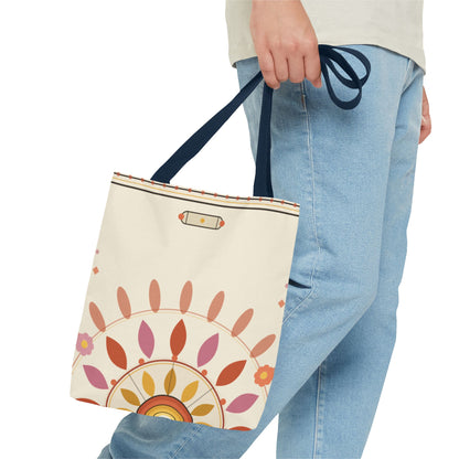 Boho floral mandala tote bag with pastel sunburst pattern by Printify, featuring vibrant, artistic floral and mandala design.