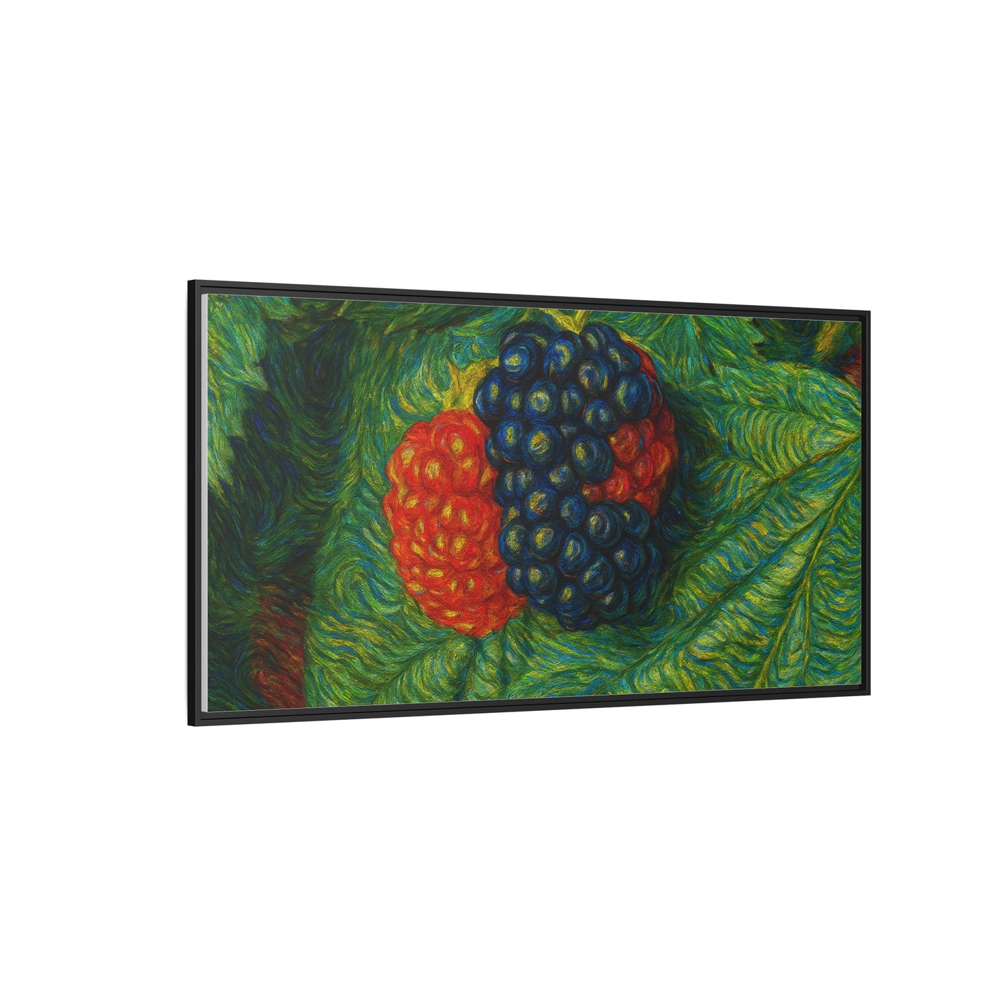 Blackberry still life canvas print by Printify featuring a detailed, framed botanical artwork on a textured canvas surface.