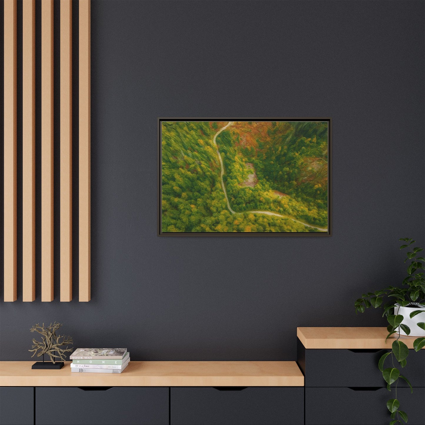 Colorful framed matte canvas wall art featuring an aerial view of a forest path landscape, by Printify.
