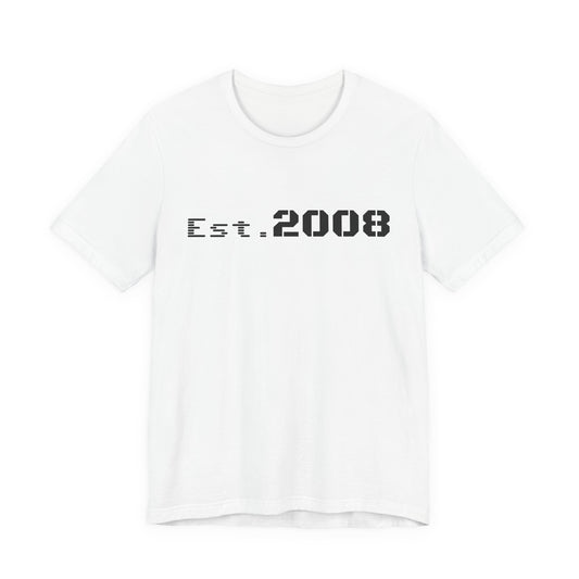 Black graphic T-shirt by Printify featuring "Established 2008" text in a minimal design on the front.