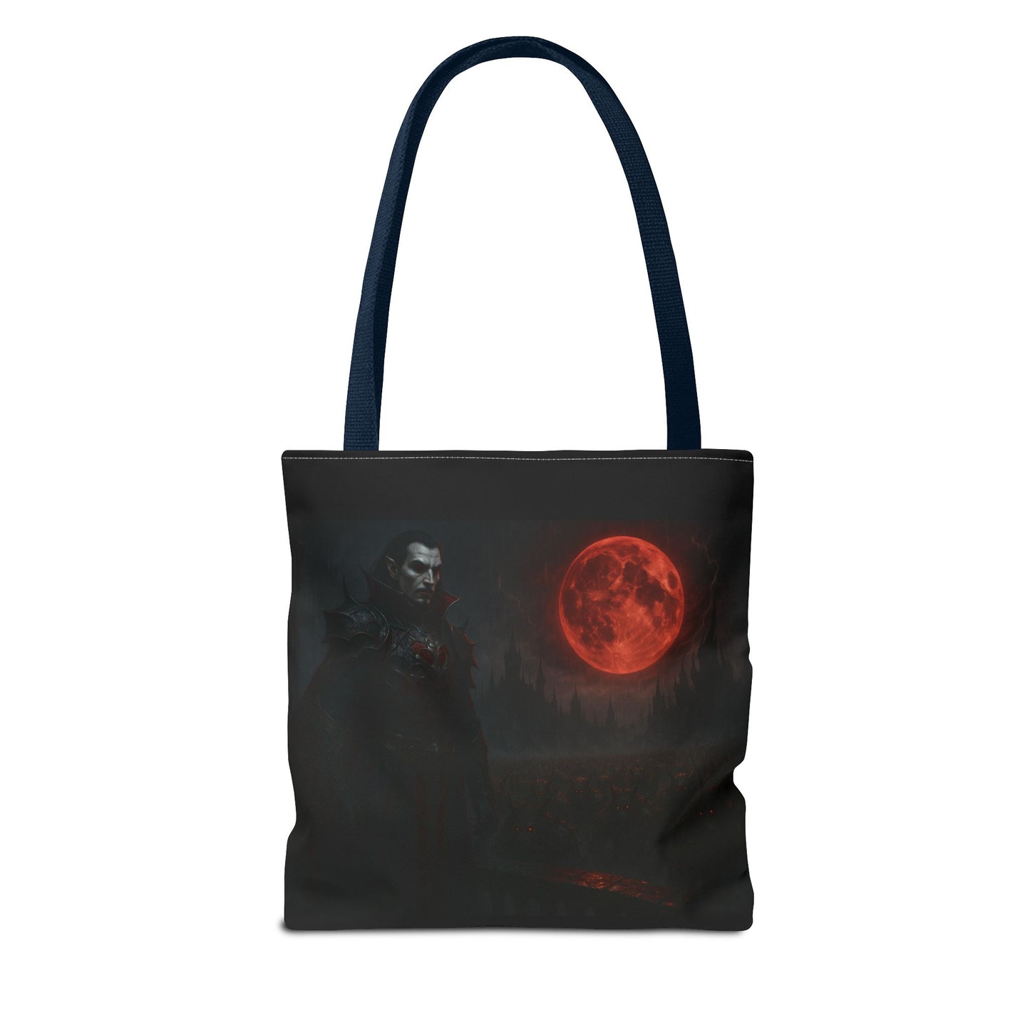 Gothic Dracula tote bag featuring moonlit vampire art, perfect for Halloween, by Printify. Durable fabric with spooky vampire design.