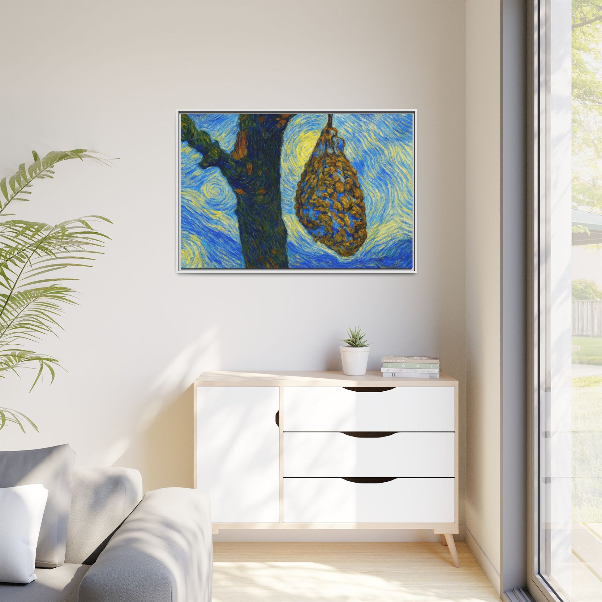 Framed matte canvas art of a starry nut cluster with dried plum in a tree, by Printify, showcasing detailed natural imagery.