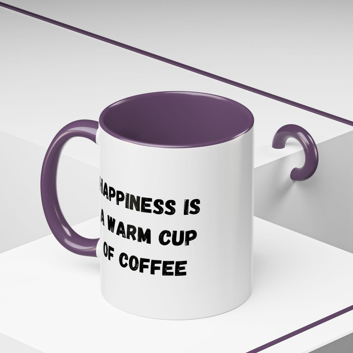 Ceramic coffee mug with "Happiness Is A Warm Cup Of Coffee" quote, white accent mug from Printify on a wooden table.