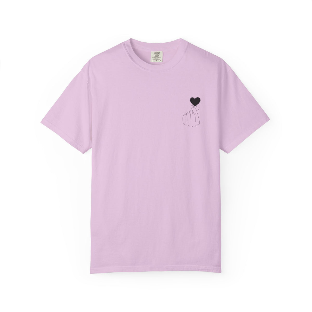 Black T-shirt with a minimal white finger heart graphic design, featuring the Printify brand logo on the front.