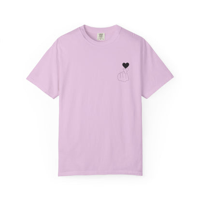 Black T-shirt with a minimal white finger heart graphic design, featuring the Printify brand logo on the front.