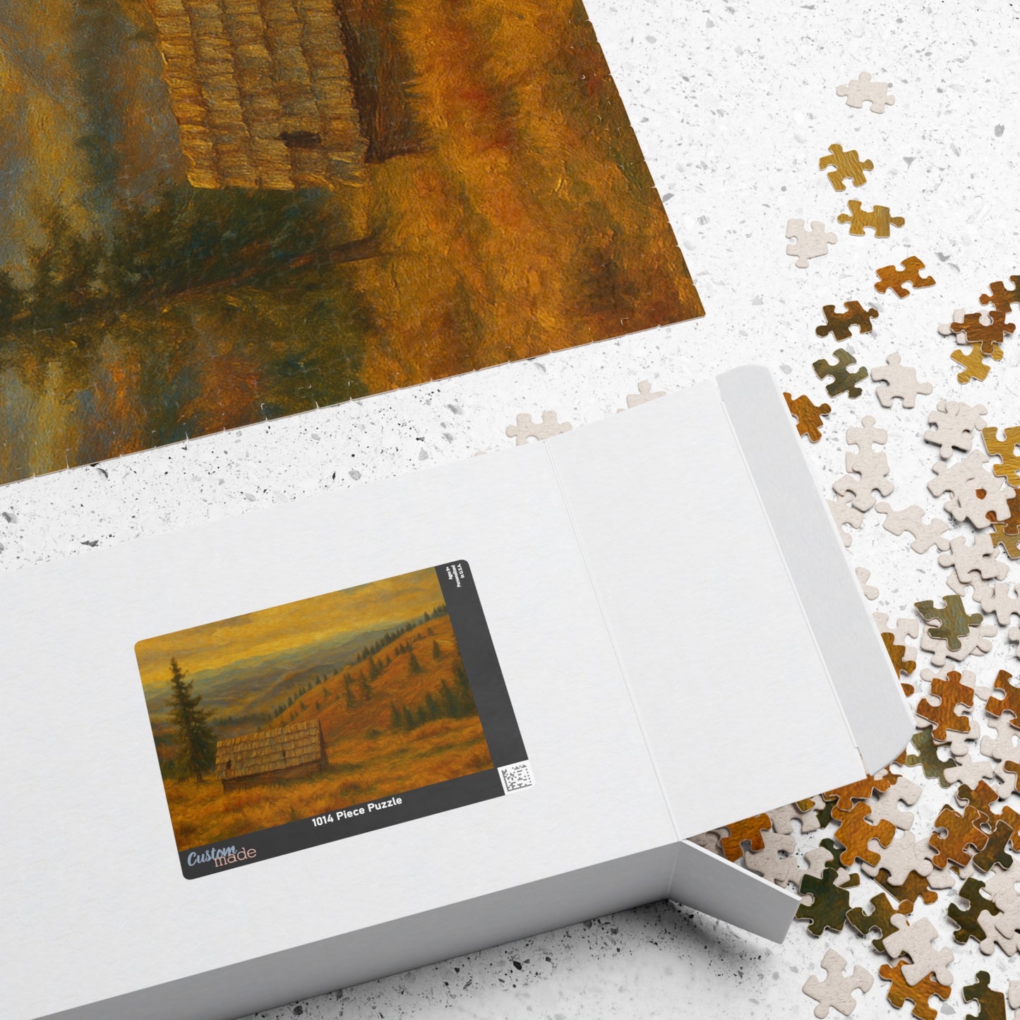 Autumn mountain cabin landscape puzzle by Printify, 520-piece jigsaw featuring a scenic mountain and forest scene.