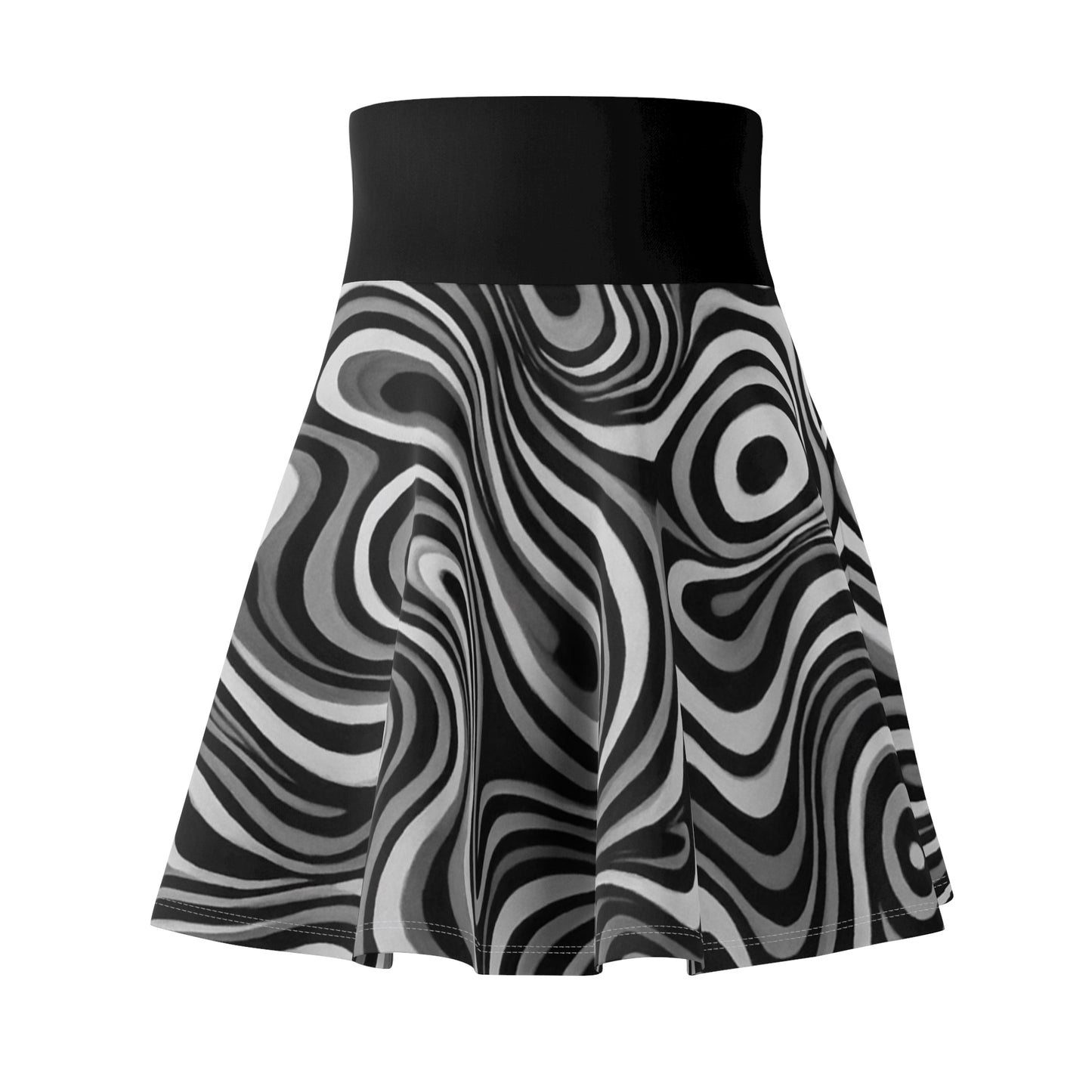 Black and white swirl skater skirt with retro print, featuring all-over abstract pattern, perfect for parties and festivals.