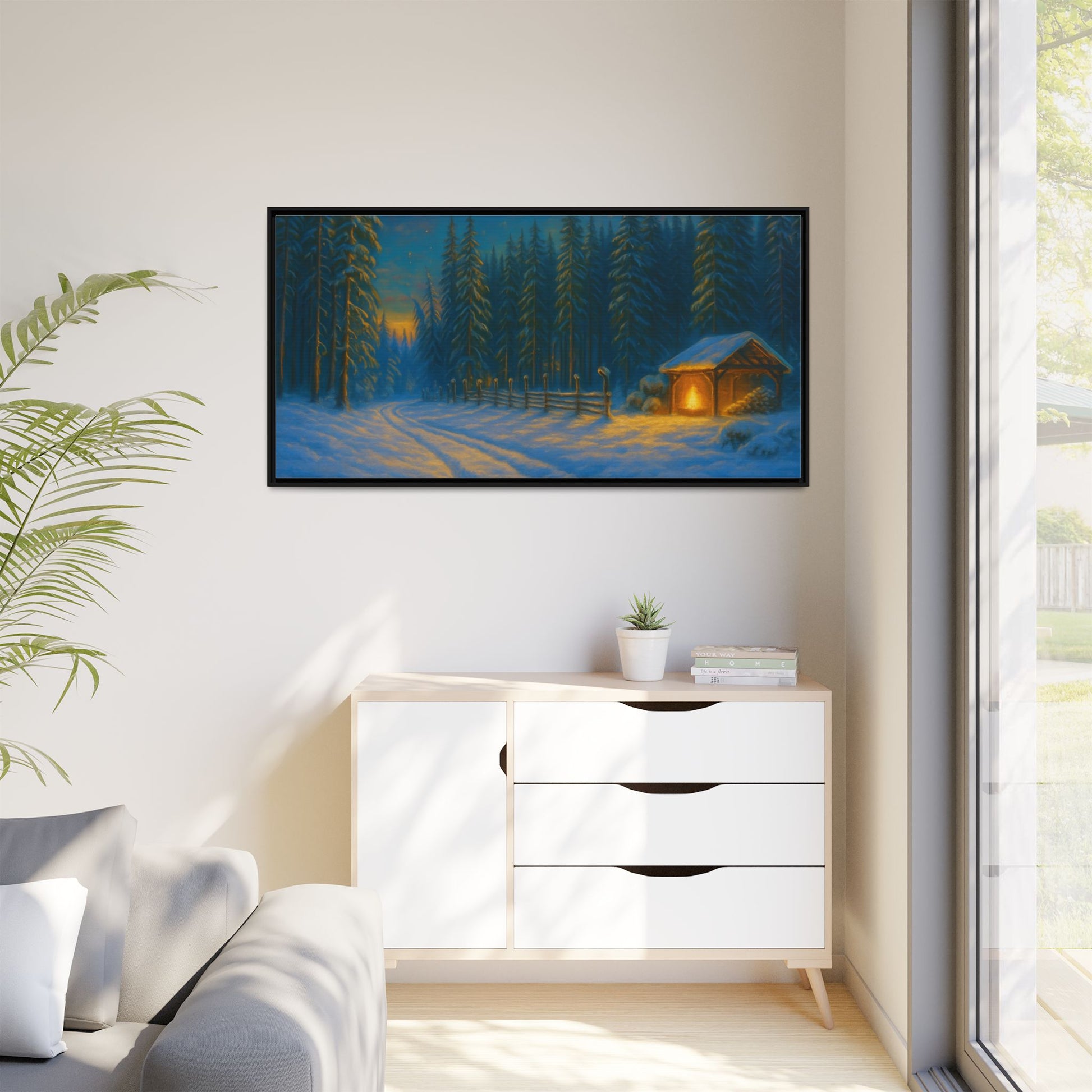 Cozy winter cabin matte framed canvas wall art featuring a snowy forest evening scene, perfect for winter home decor.