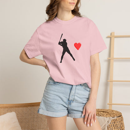 White baseball batter heart T-shirt by Printify featuring a graphic of a baseball player swinging a bat.