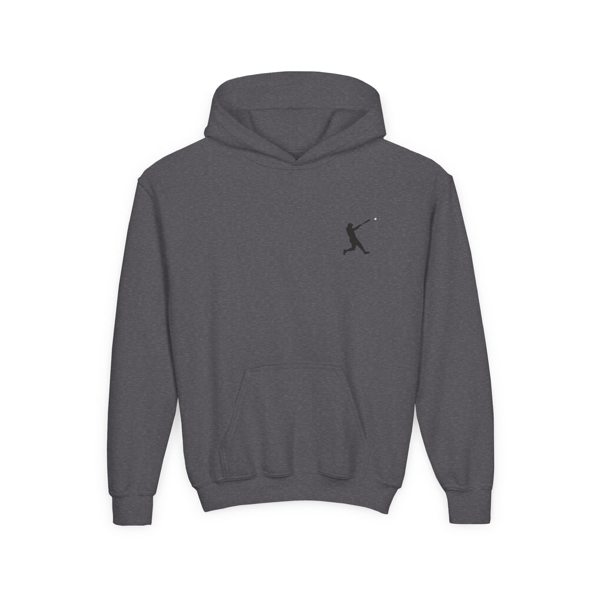 Youth baseball silhouette hoodie for kids, featuring a baseball player design on a comfortable pullover hoodie by Printify.