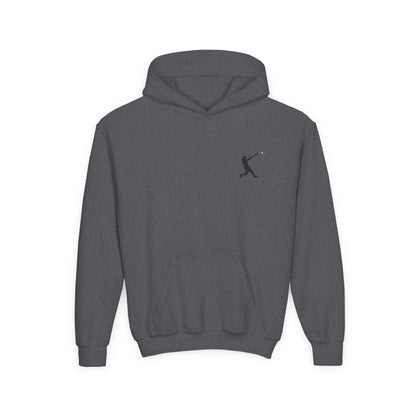 Youth baseball silhouette hoodie for kids, featuring a baseball player design on a comfortable pullover hoodie by Printify.