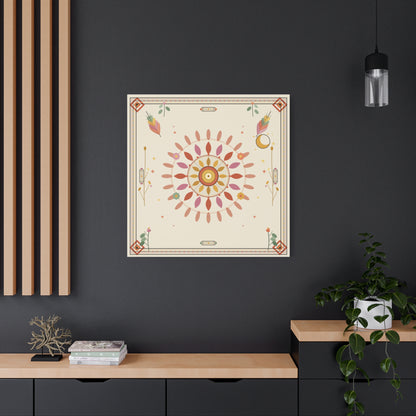 Boho Sun Mandala design on matte canvas by Printify, featuring vibrant sun and mandala patterns on textured surface.