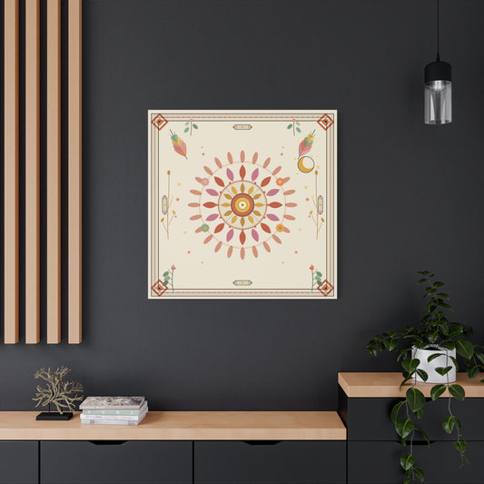 Boho Sun Mandala design on matte canvas by Printify, featuring vibrant sun and mandala patterns on textured surface.