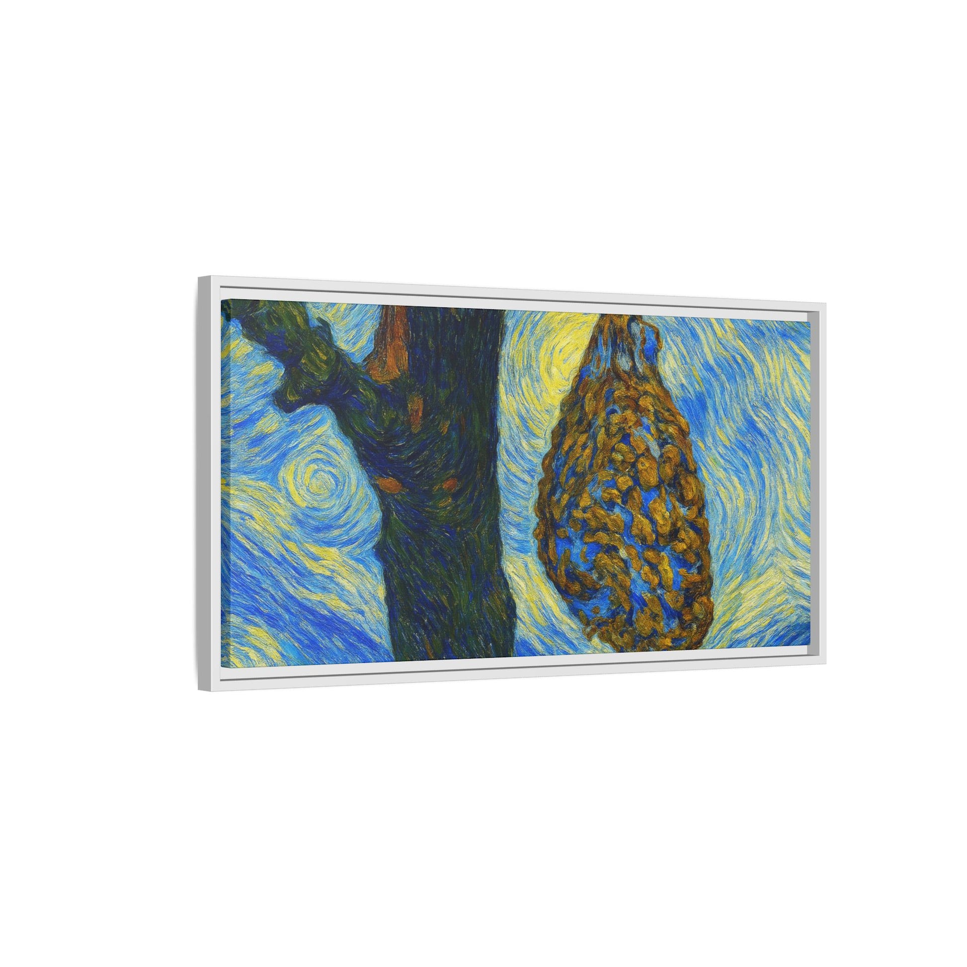 Framed matte canvas art of a starry nut cluster in a dried plum tree, by Printify, showing detailed artwork on canvas.