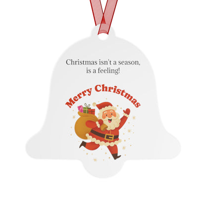 Metal bell-shaped Christmas ornament featuring Santa with sack, holiday decoration from Printify for festive decor.