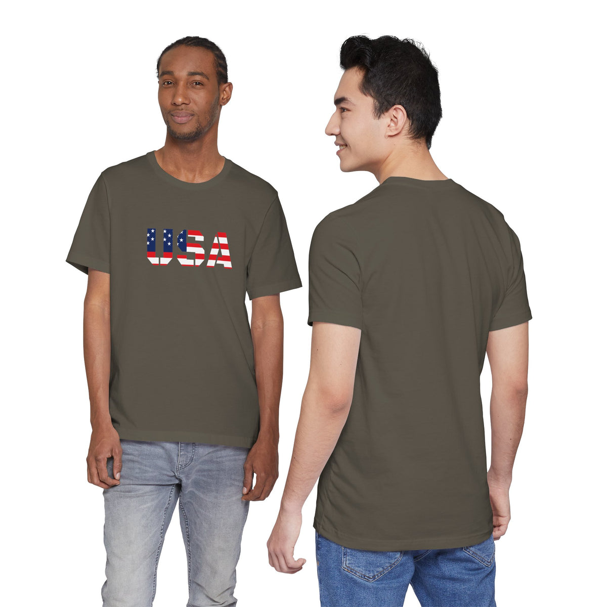 American flag printed T-shirt from Printify featuring patriotic Fourth of July design and bold flag graphics.
