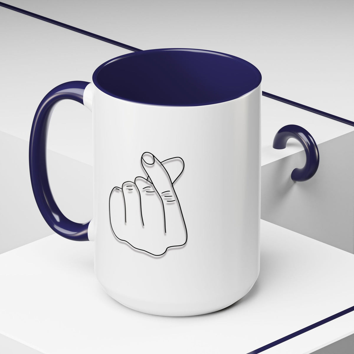 Minimal Korean finger heart accent mug by Printify, 11oz or 15oz ceramic coffee mug with simple design and clean white finish.