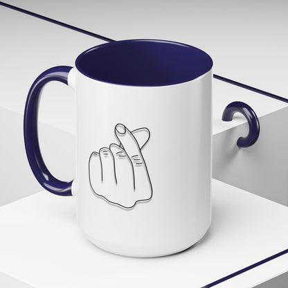Minimal Korean finger heart accent mug by Printify, 11oz or 15oz ceramic coffee mug with simple design and clean white finish.
