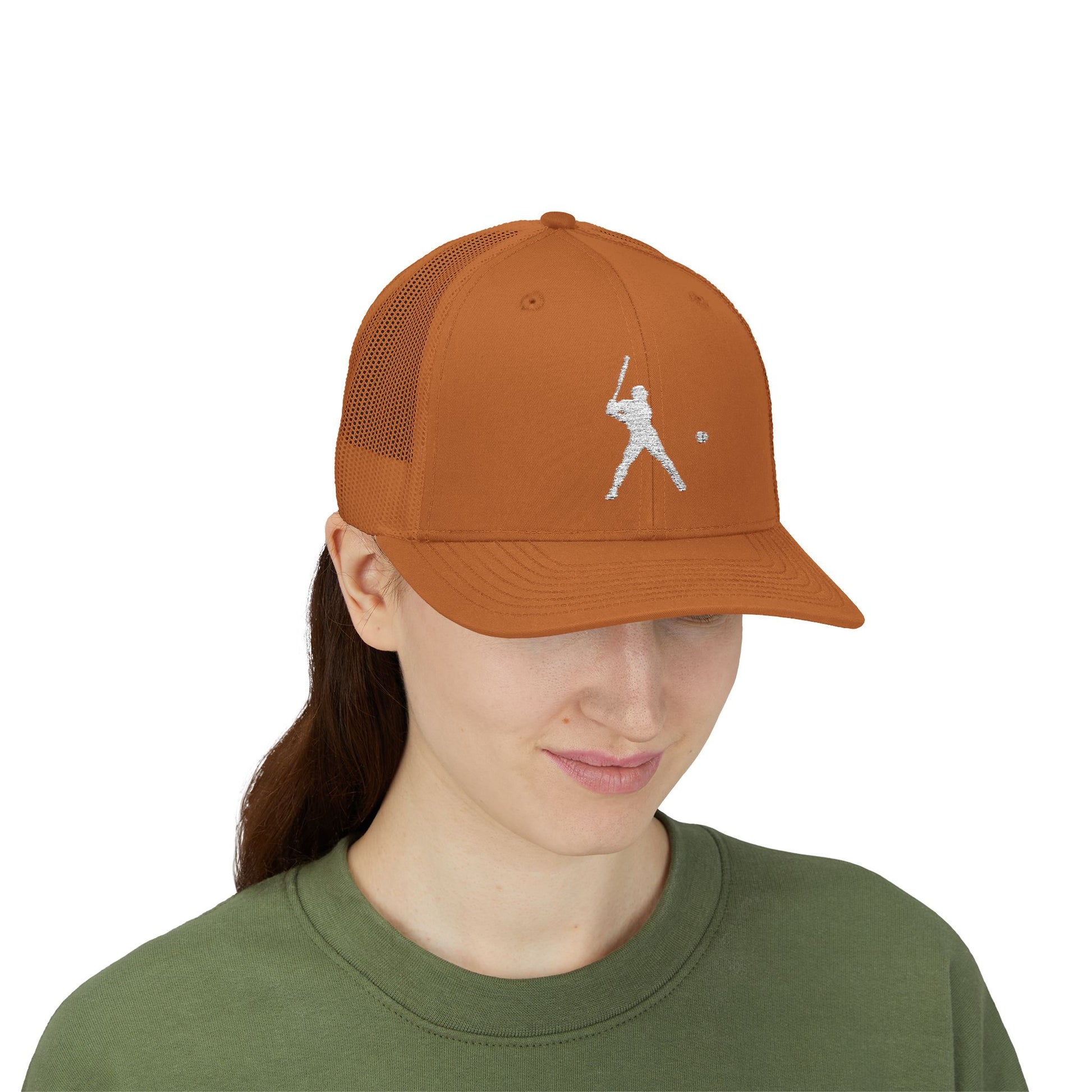 Vintage baseball snapback trucker cap with batter silhouette design, stylish hat by Printify, featuring structured front and adjustable fit.