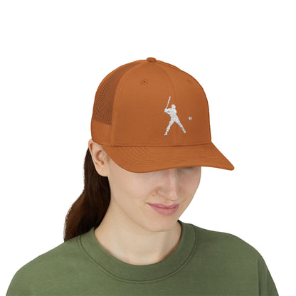Vintage baseball snapback trucker cap with batter silhouette design, stylish hat by Printify, featuring structured front and adjustable fit.