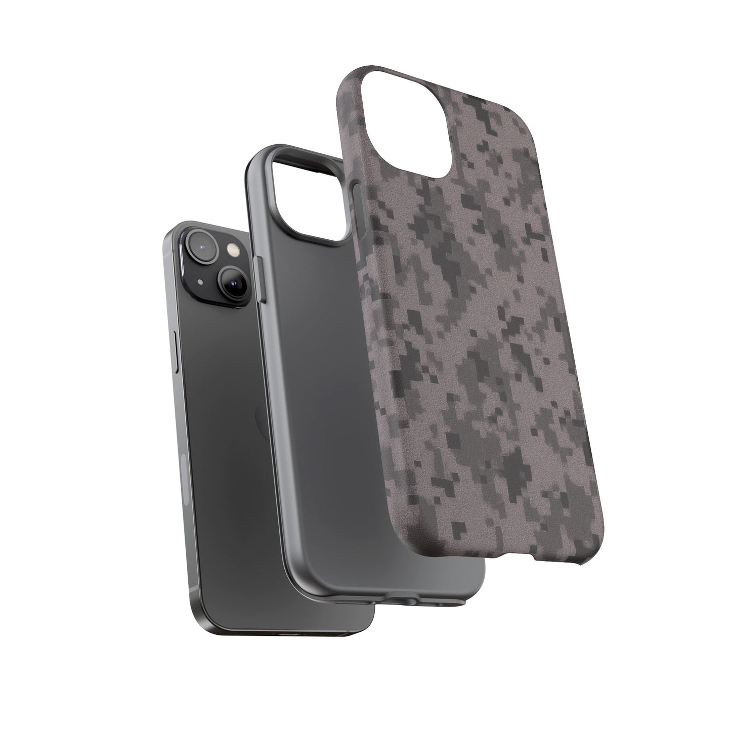 Gray digital camouflage phone case by Printify, tough protective cover for smartphones with camouflage pattern.