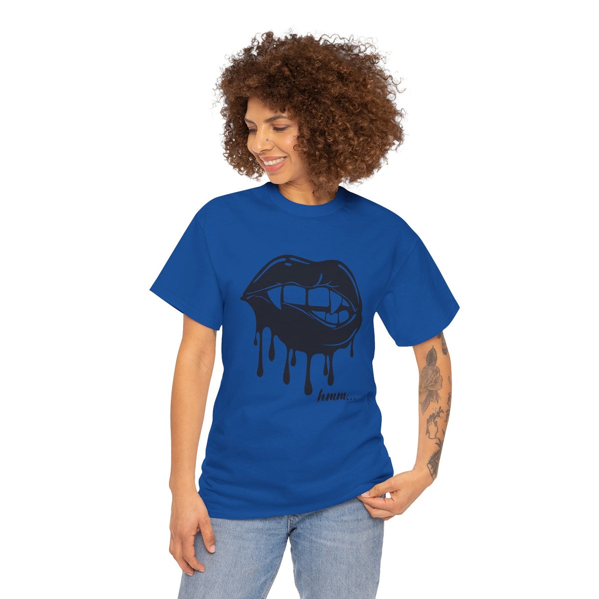 Black graphic T-shirt by Printify featuring dripping lips with a "hmm..." bite design on the front.
