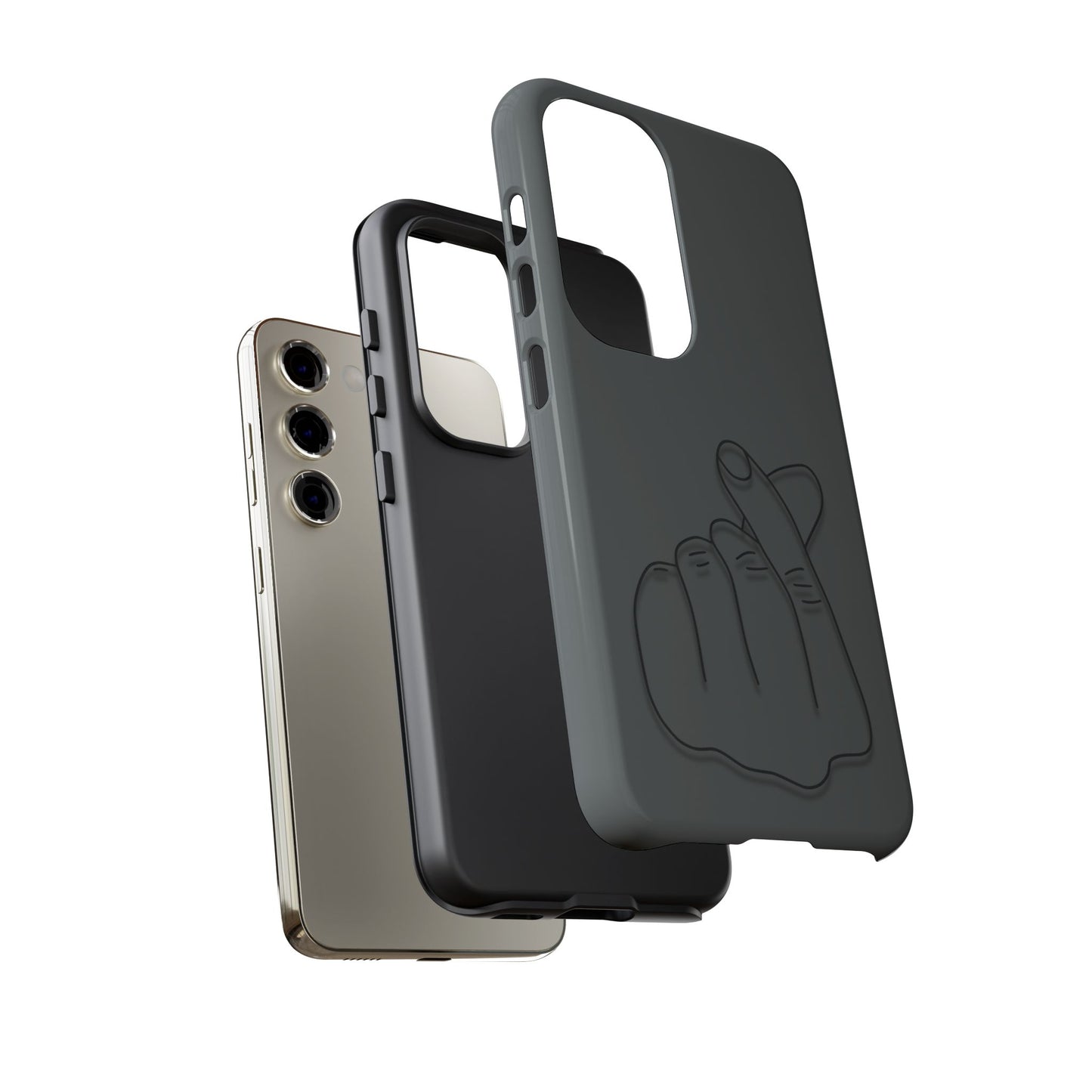 Silicone phone case with embossed Korean finger heart design, durable Printify phone accessory for stylish protection.