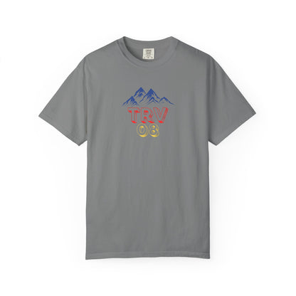 Unisex garment-dyed T-shirt with printed TRV08 logo, casual style, soft fabric, and comfortable fit by Printify.