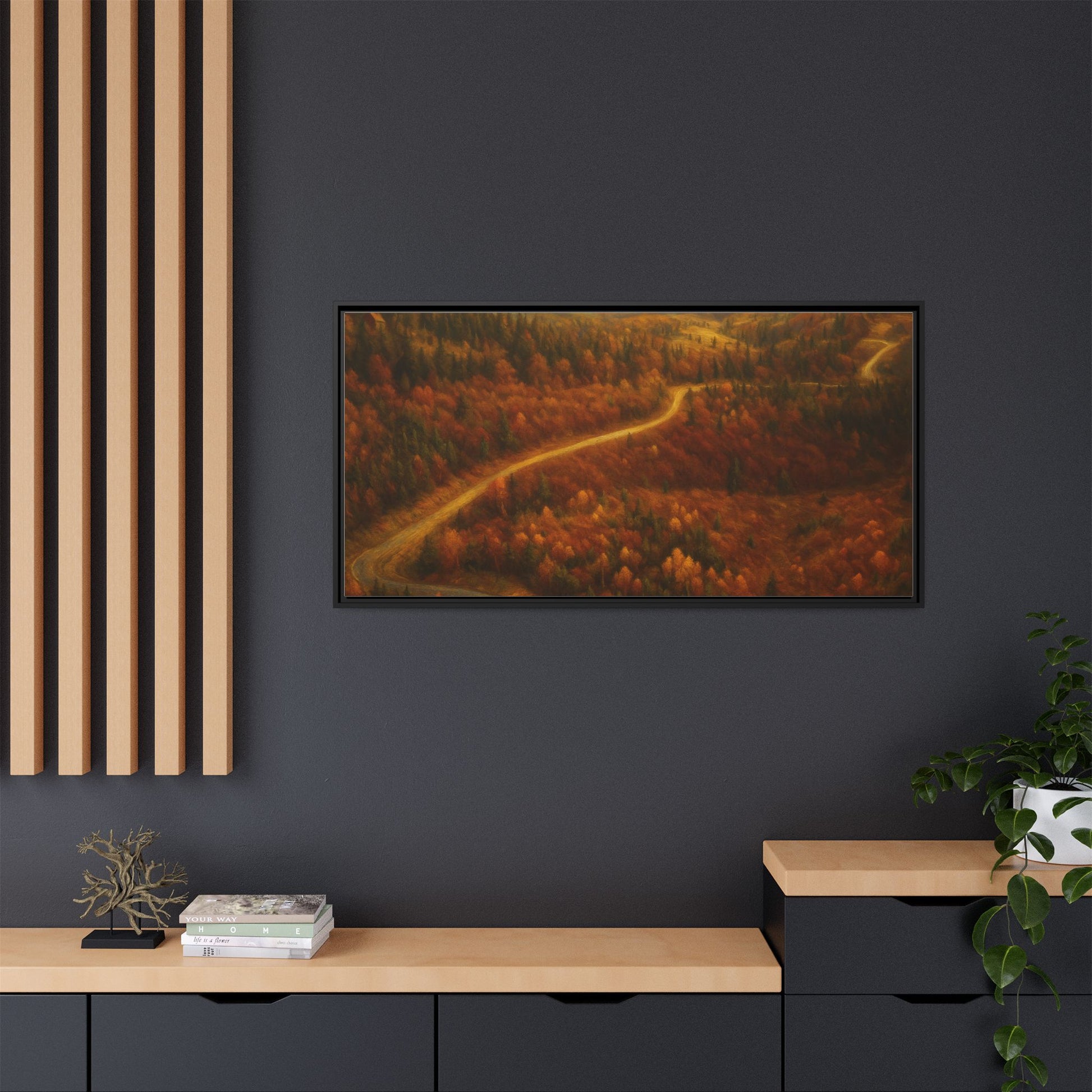 Framed matte canvas print of an autumn forest road landscape wall art by Printify, featuring vibrant fall foliage and a scenic forest path.