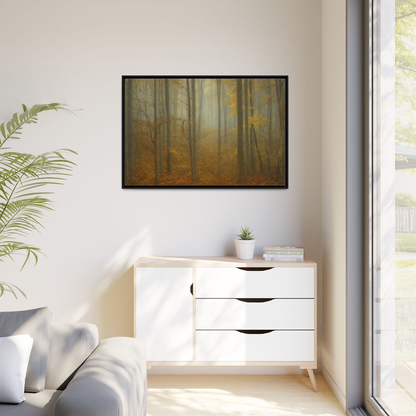 Framed matte canvas wall art of a misty autumn forest scene, featuring warm colors and detailed trees, by Printify.