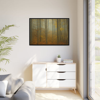 Framed matte canvas wall art of a misty autumn forest scene, featuring warm colors and detailed trees, by Printify.