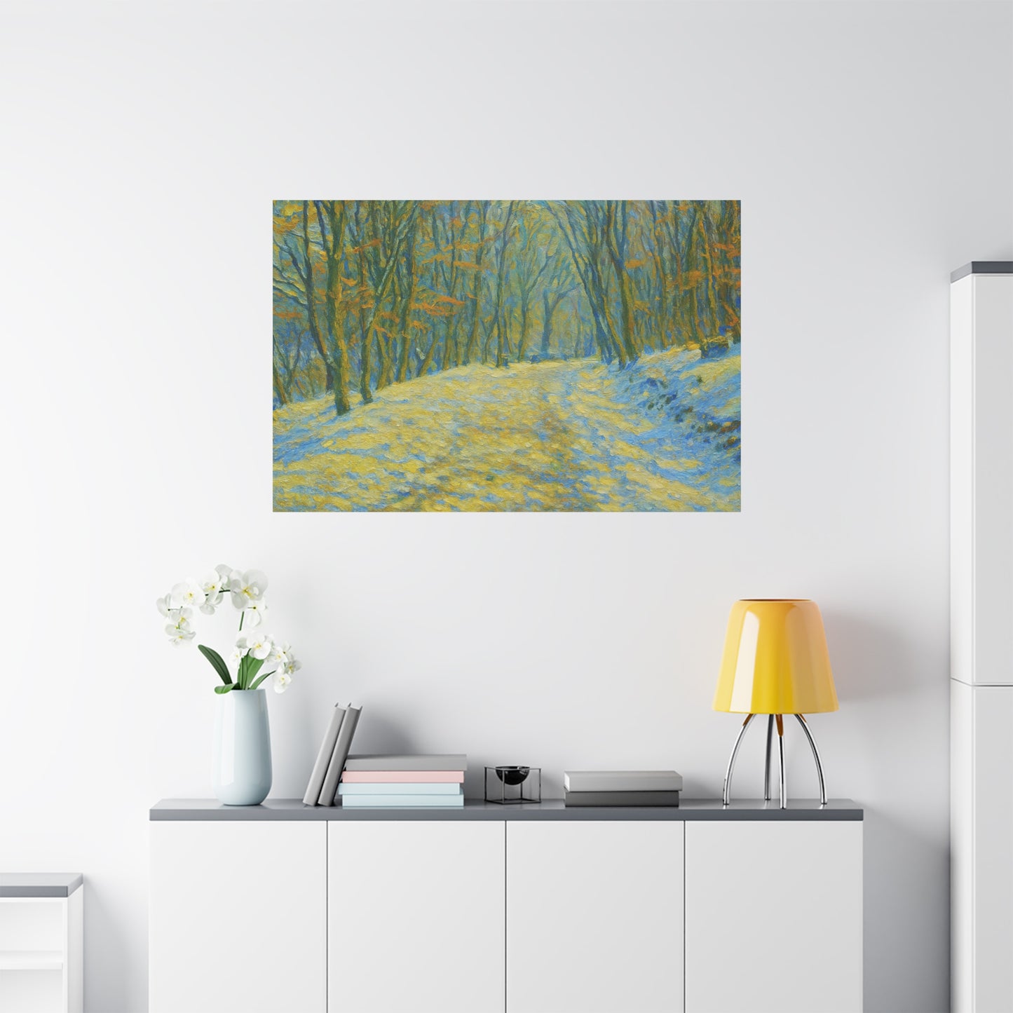 Winter landscape canvas wall art by Printify featuring a cozy nature scene, ideal for living room decor.