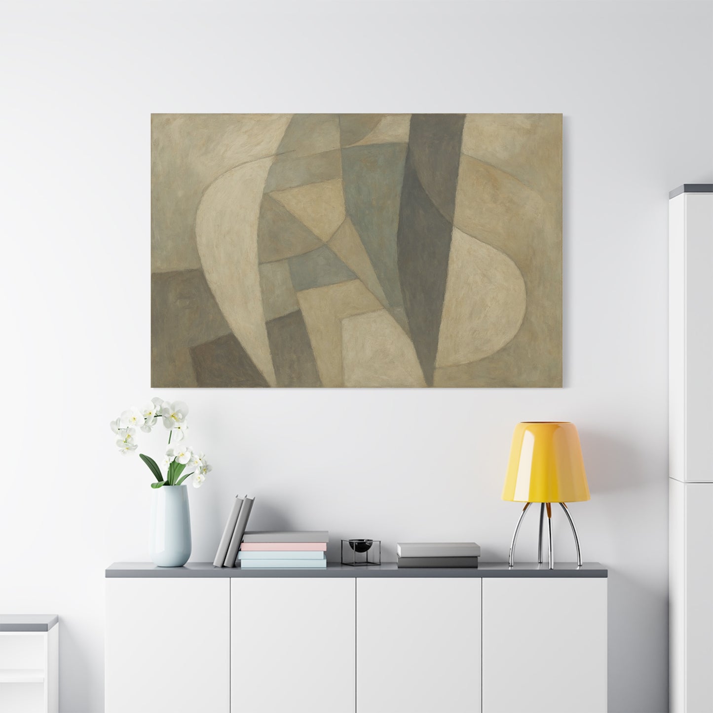 Abstract neutral geometric shapes on matte canvas by Printify, featuring modern design with various overlapping shapes and soft tones.