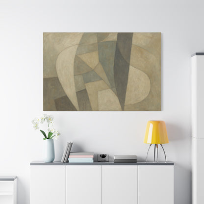Abstract neutral geometric shapes on matte canvas by Printify, featuring modern design with various overlapping shapes and soft tones.