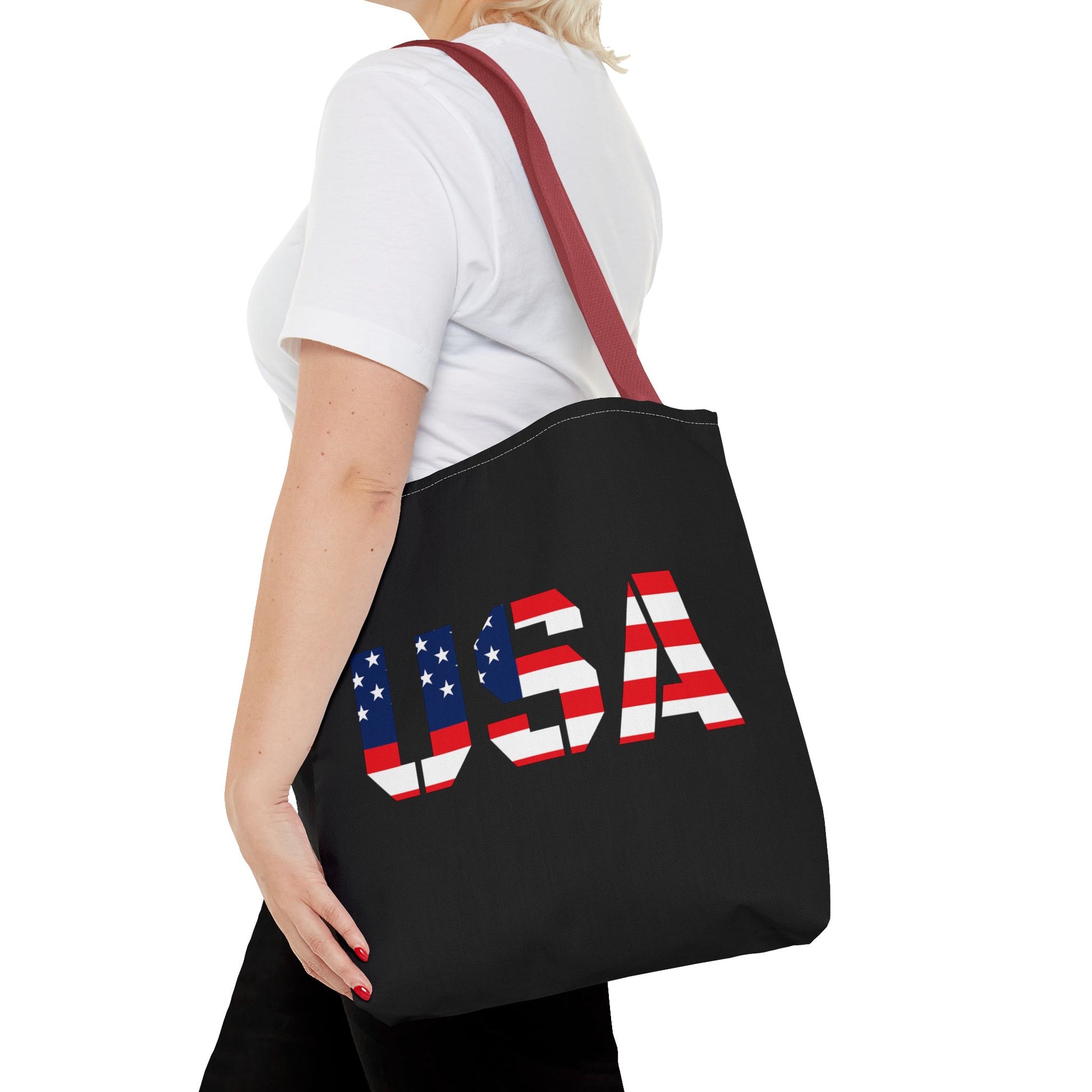 Patriotic USA flag tote bag from Printify, reusable summer carryall with 4th of July star and stripe design.