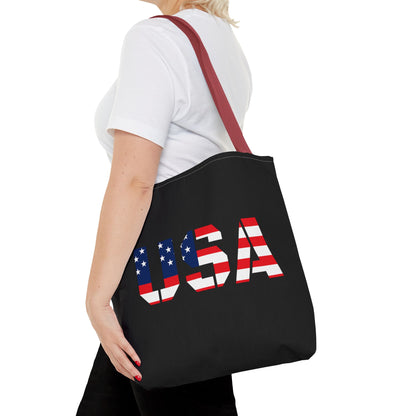 Patriotic USA flag tote bag from Printify, reusable summer carryall with 4th of July star and stripe design.