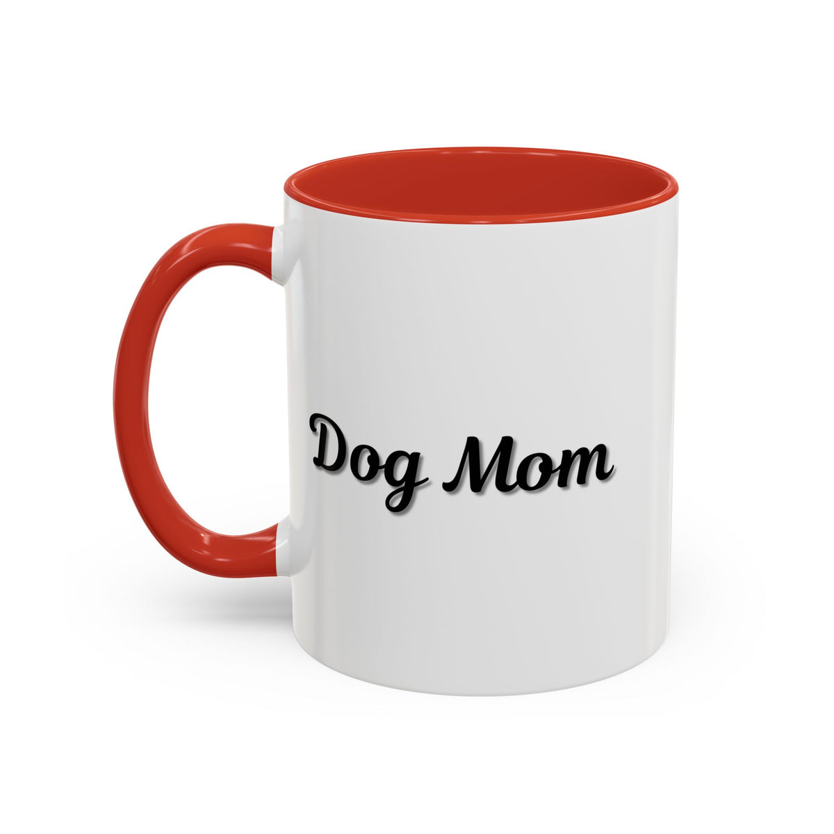 Dog Mom Accent Coffee Mug — white ceramic coffee mug with retro script "Dog Mom" print, colored interior and C-handle, 11oz/15oz, front view