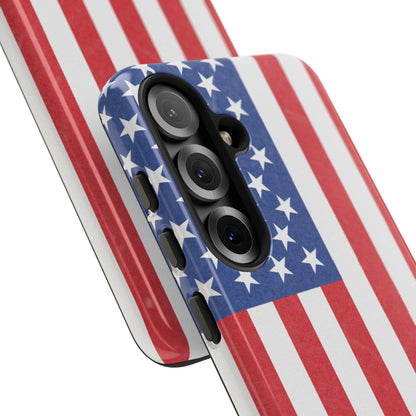 American flag tough phone case for iPhone and Samsung, patriotic protective cover with durable design by Printify.